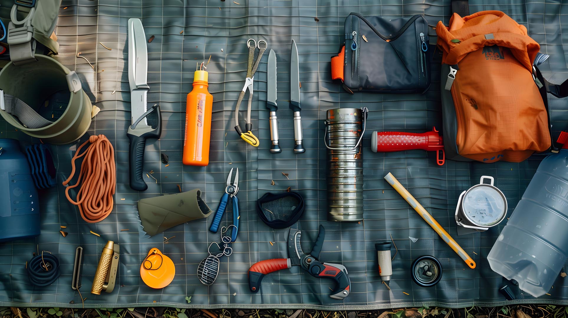 Assortment camping tools including multitool fire starter water filter spread out camping