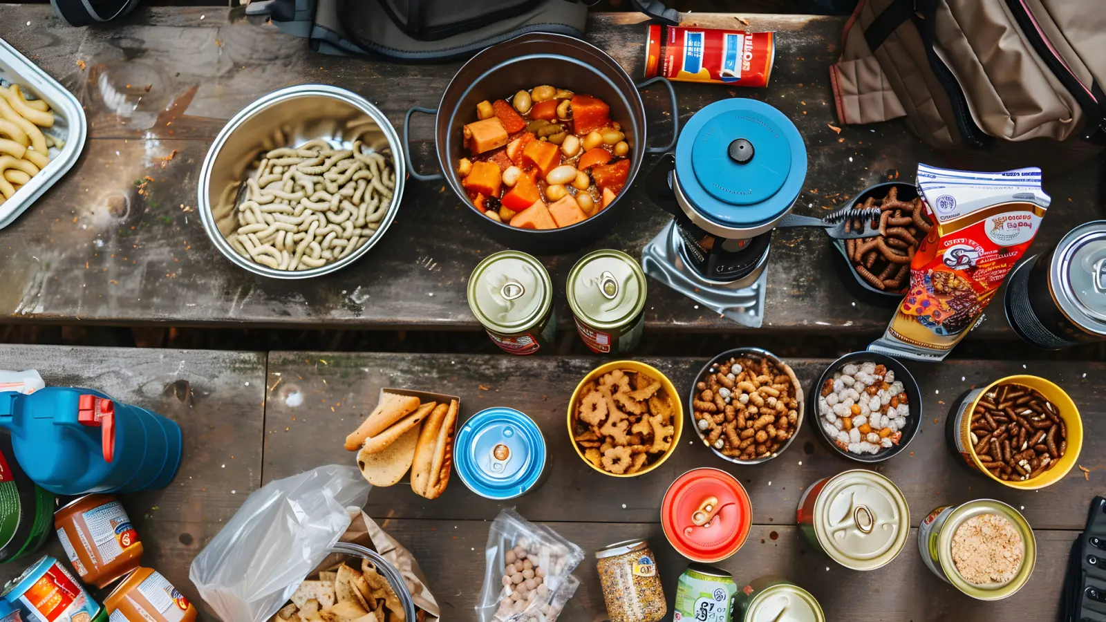 Camping snacks, canned food and a stew pot spread across a picnic table beside a camp stove
