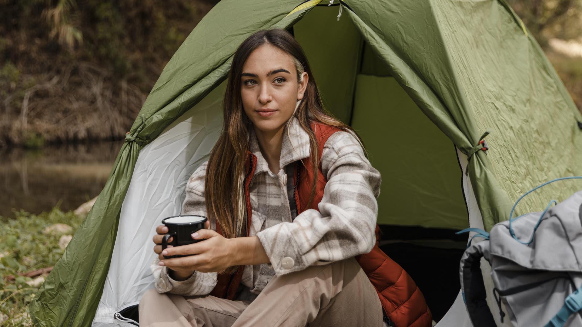 Camping girl forest holding mug