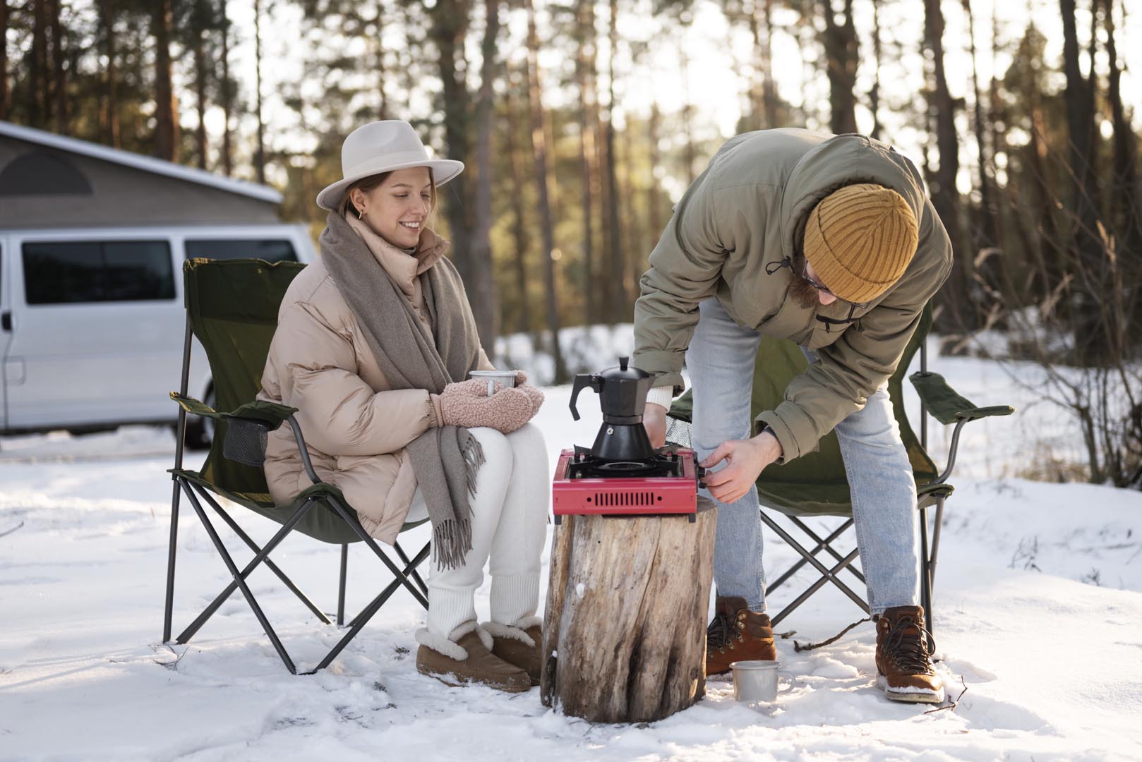 Couple enjoying their winter camp
