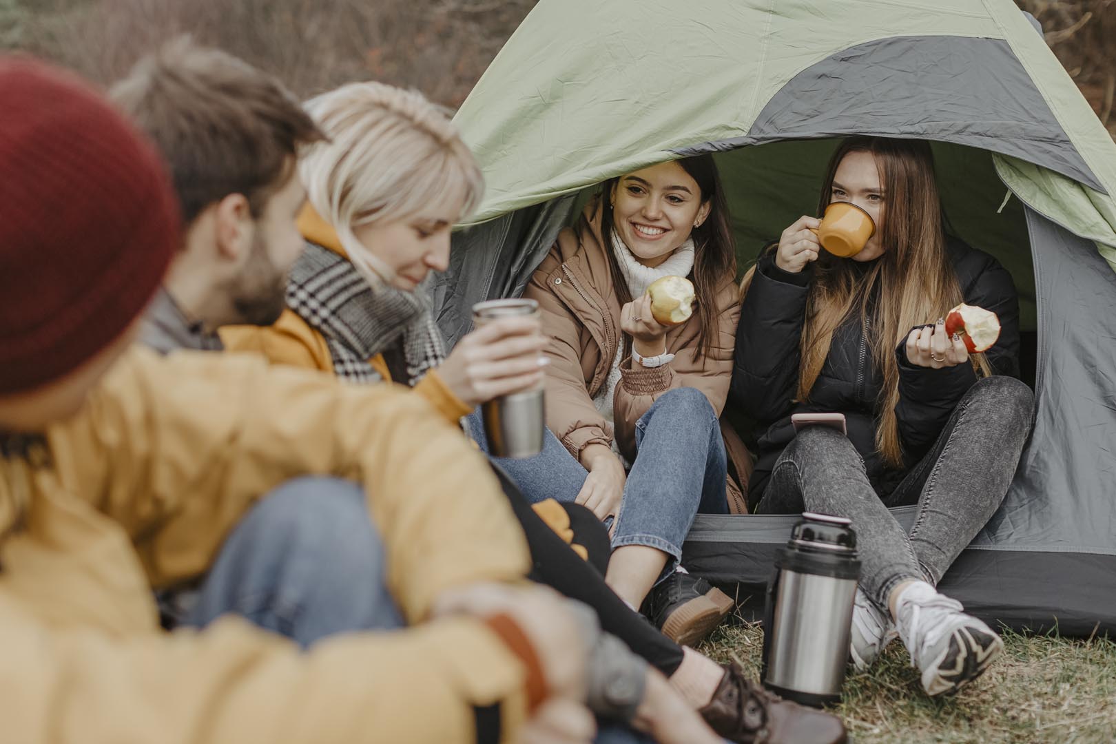 Friends trip with tent nature