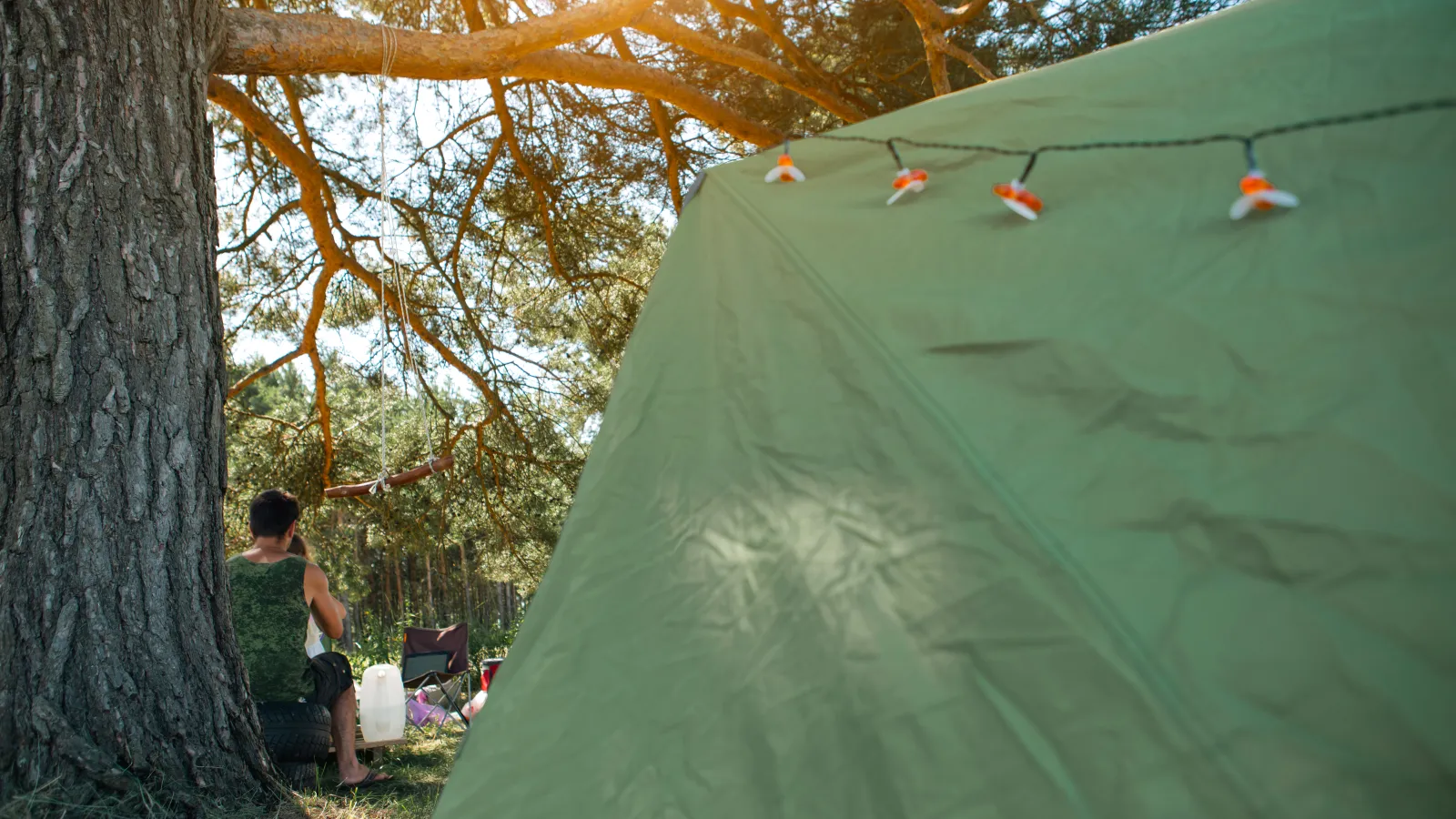 Tent pitched in the shade of a tree with string lights along the ridge