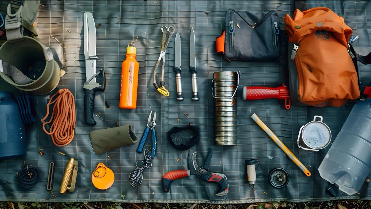 Camping gear laid out on a groundsheet before packing