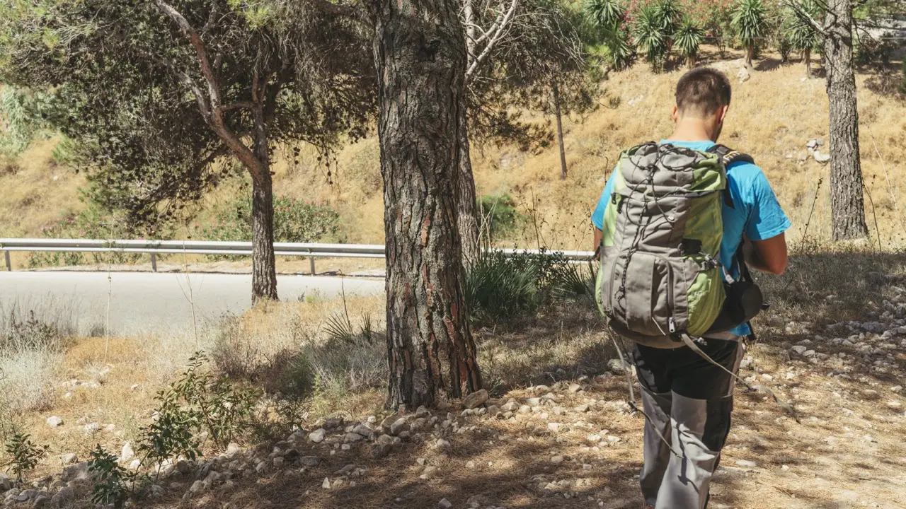 Hiking a dry pine trail with a loaded daypack