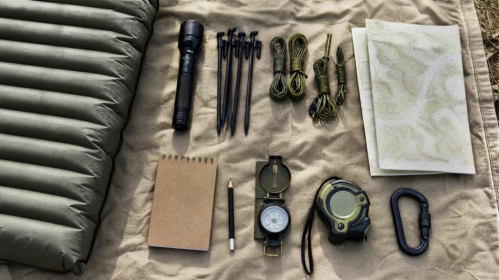 Camping gear testing flat lay with flashlight, compass and map